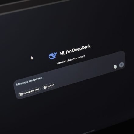 Screen displaying AI chat interface DeepSeek on a dark background.