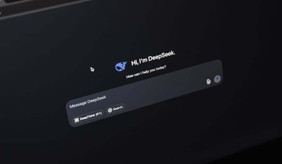 Screen displaying AI chat interface DeepSeek on a dark background.