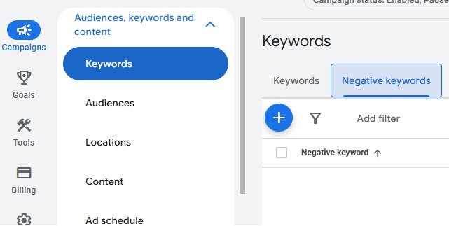 Google ads negative keywords